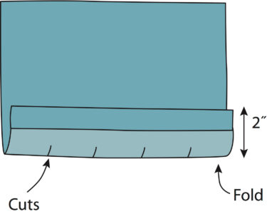illustration of a square of fabric with the bottom folded up and cuts made along the fold